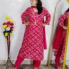 Pink bandhani printed cotton 3 piece suit set for women with tassel neckline
