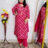 Pink bandhani printed cotton 3 piece suit set for women with tassel neckline