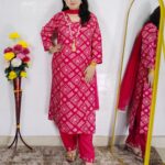Pink bandhani printed cotton 3 piece suit set for women with tassel neckline