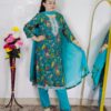 Rama green printed cotton rayon 3 piece suit set for women with embroidered neckline