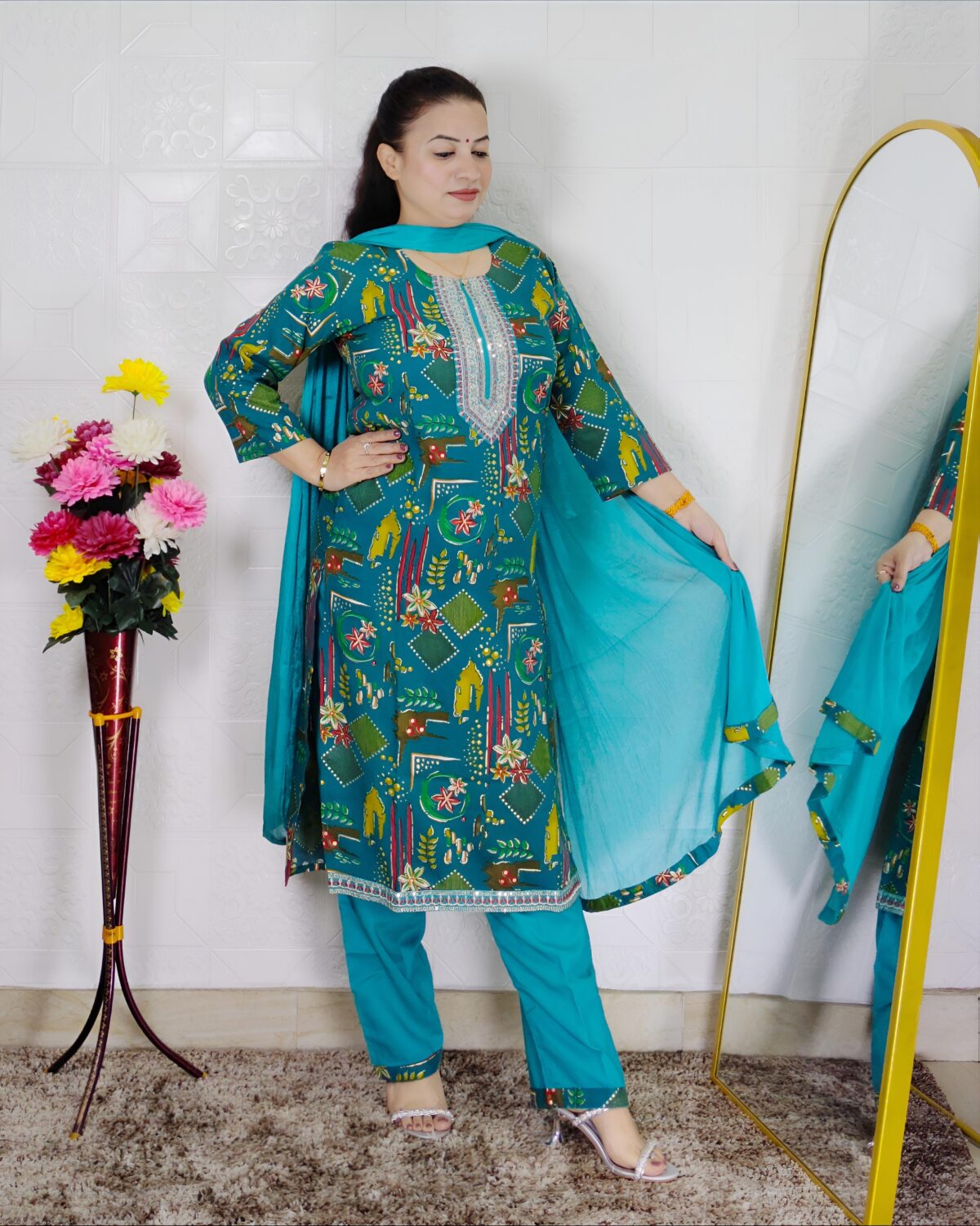 Rama green printed cotton rayon 3 piece suit set for women with embroidered neckline