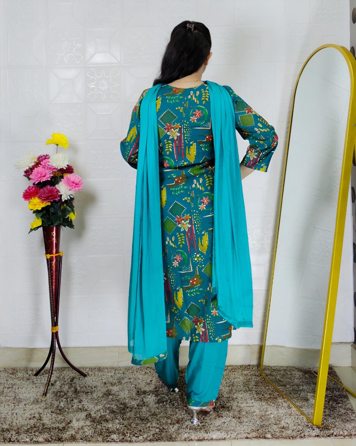 Rama green printed cotton rayon 3 piece suit set for women with embroidered neckline