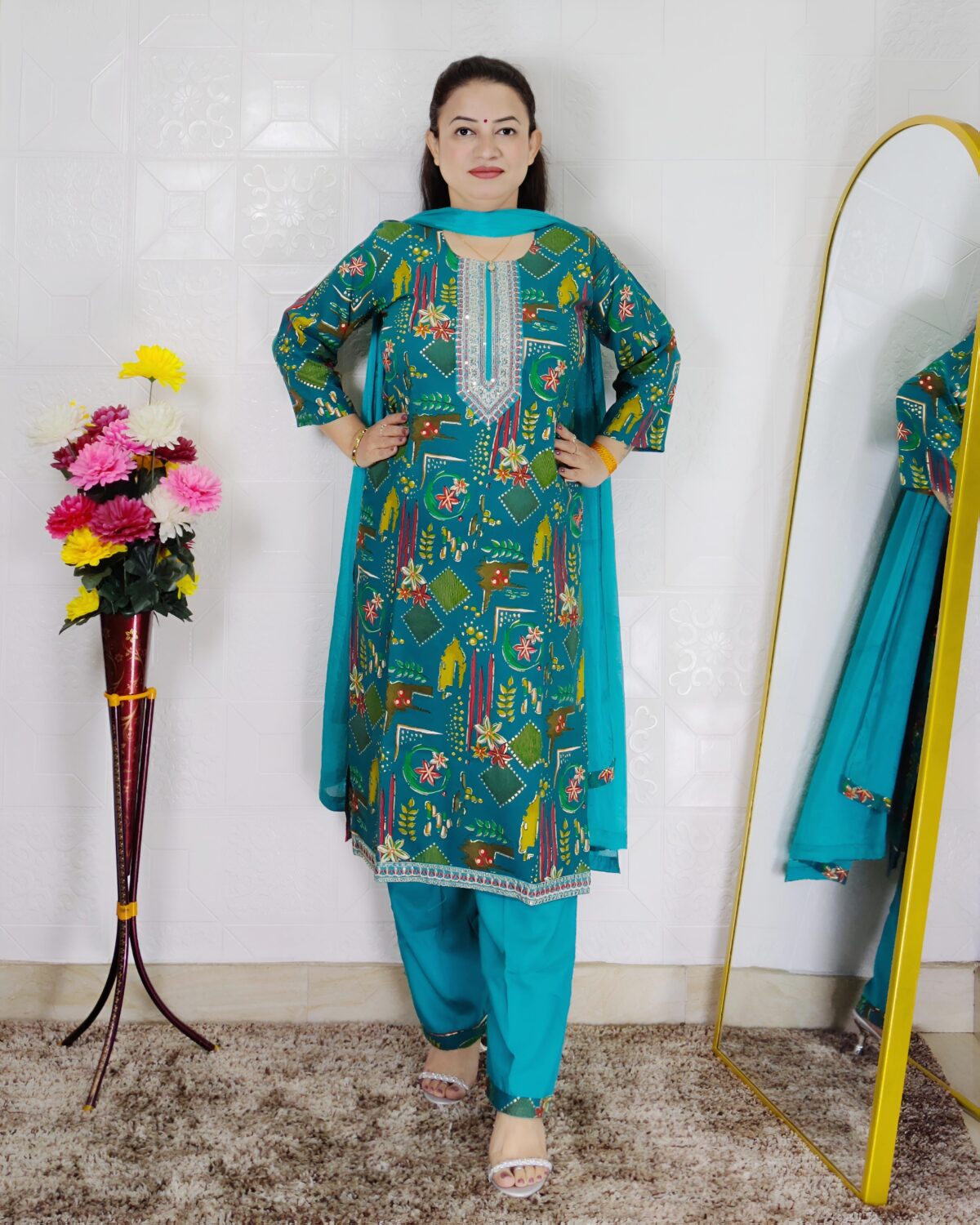 Rama green printed cotton rayon 3 piece suit set for women with embroidered neckline