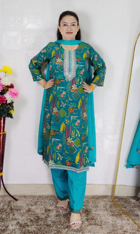 Rama green printed cotton rayon 3 piece suit set for women with embroidered neckline