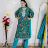 Rama green printed cotton rayon 3 piece suit set for women with embroidered neckline