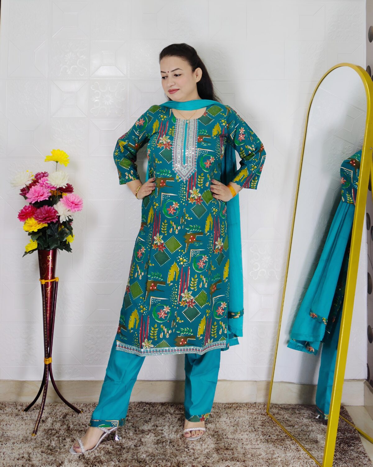 Rama green printed cotton rayon 3 piece suit set for women with embroidered neckline