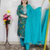 Rama green printed cotton rayon 3 piece suit set for women with embroidered neckline
