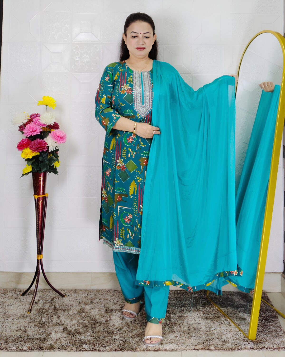 Rama green printed cotton rayon 3 piece suit set for women with embroidered neckline