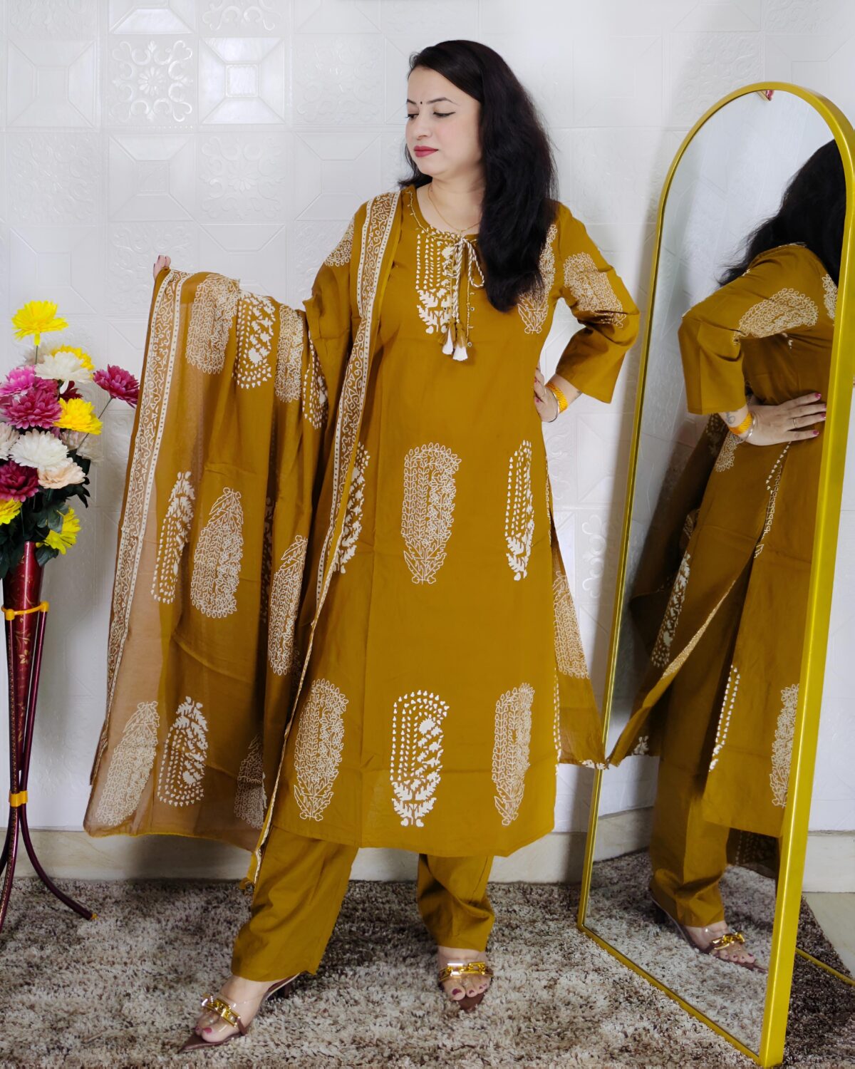 mustard premium cotton suit set for women