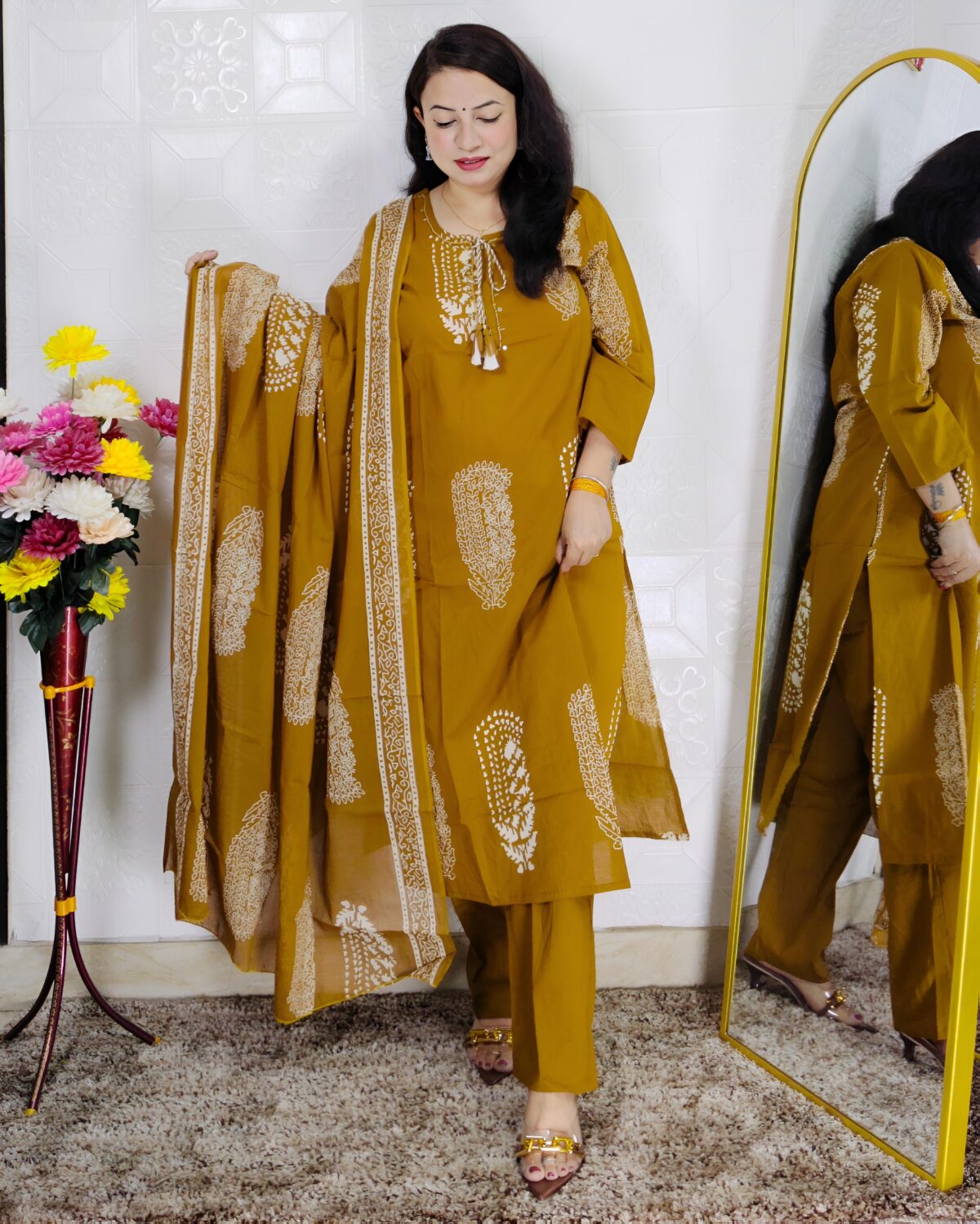 mustard premium cotton suit set for women