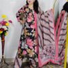 Black base floral printed pure cotton 3 piece suit set for women with matching dupatta