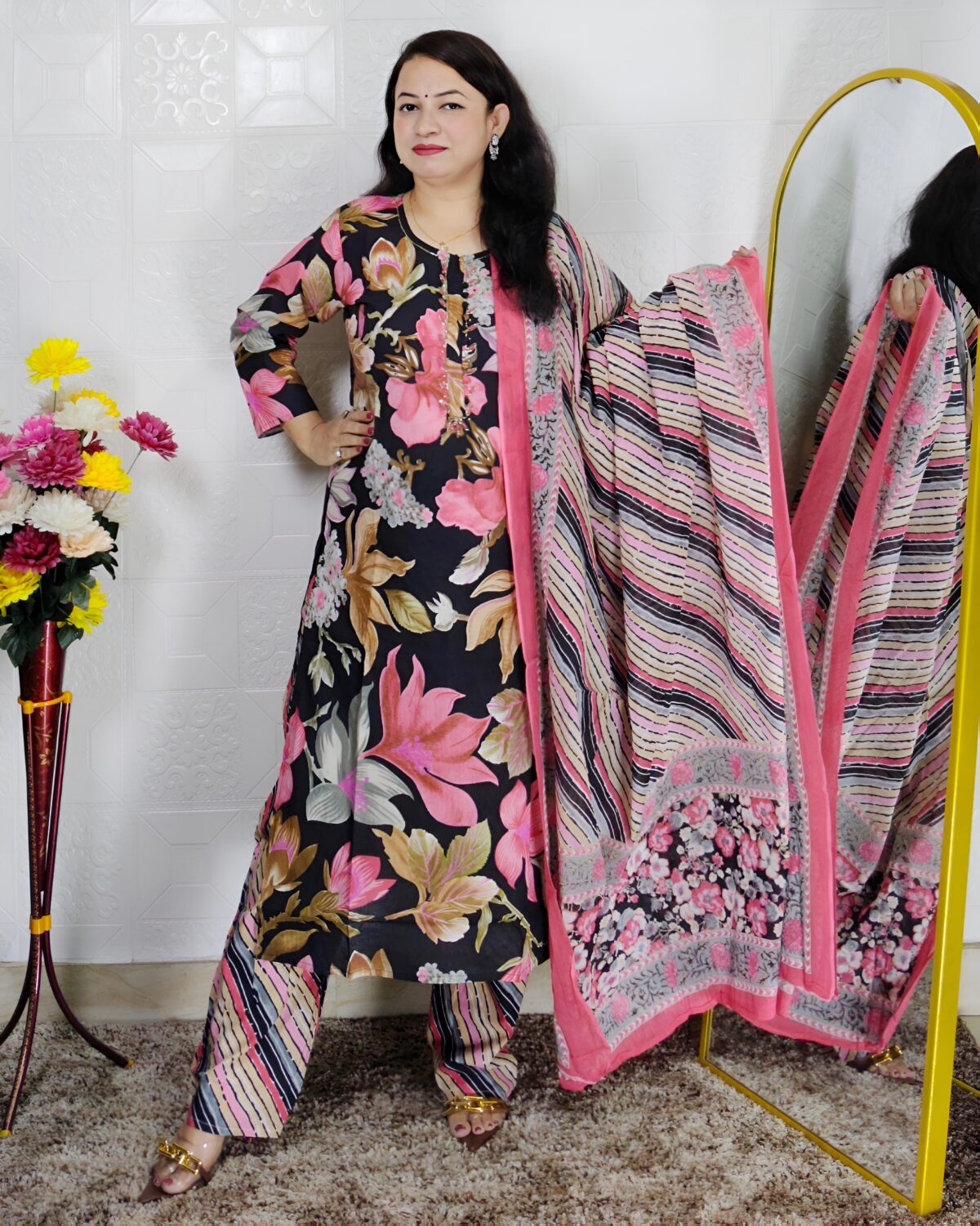 Black base floral printed pure cotton 3 piece suit set for women with matching dupatta