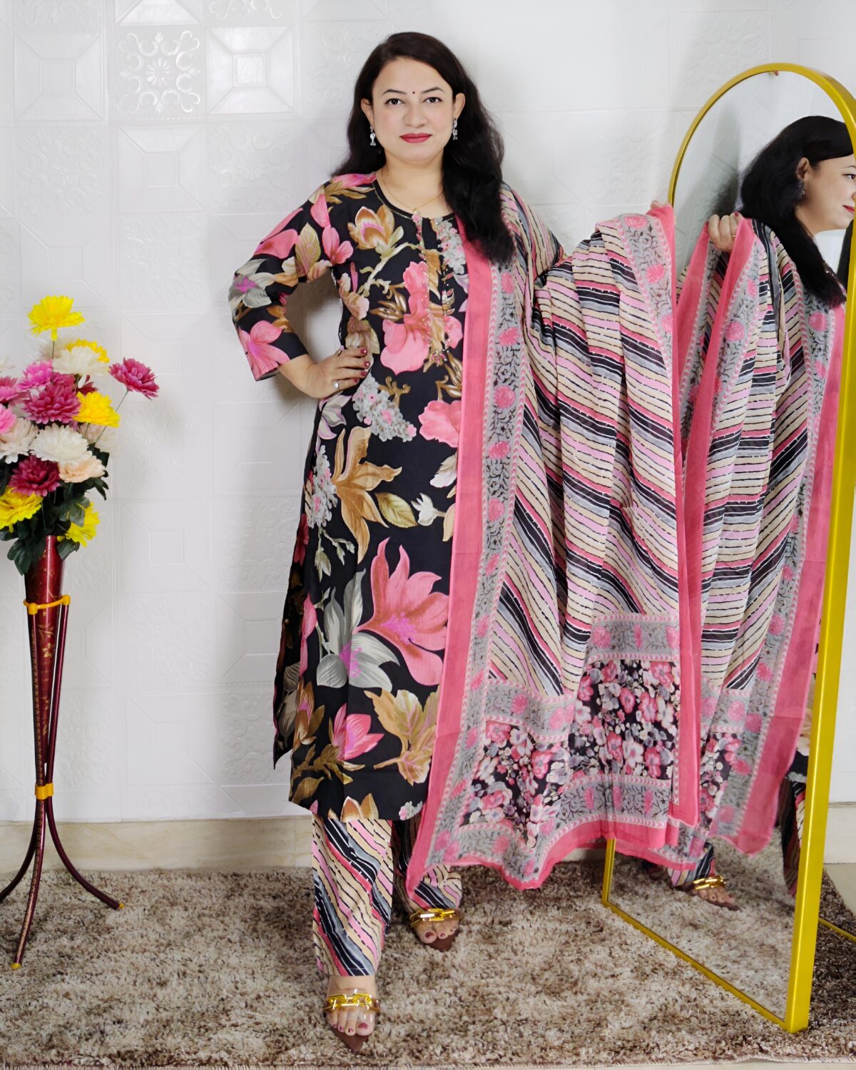 Black base floral printed pure cotton 3 piece suit set for women with matching dupatta