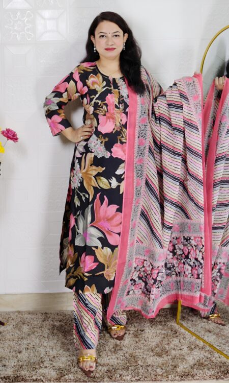 Black base floral printed pure cotton 3 piece suit set for women with matching dupatta