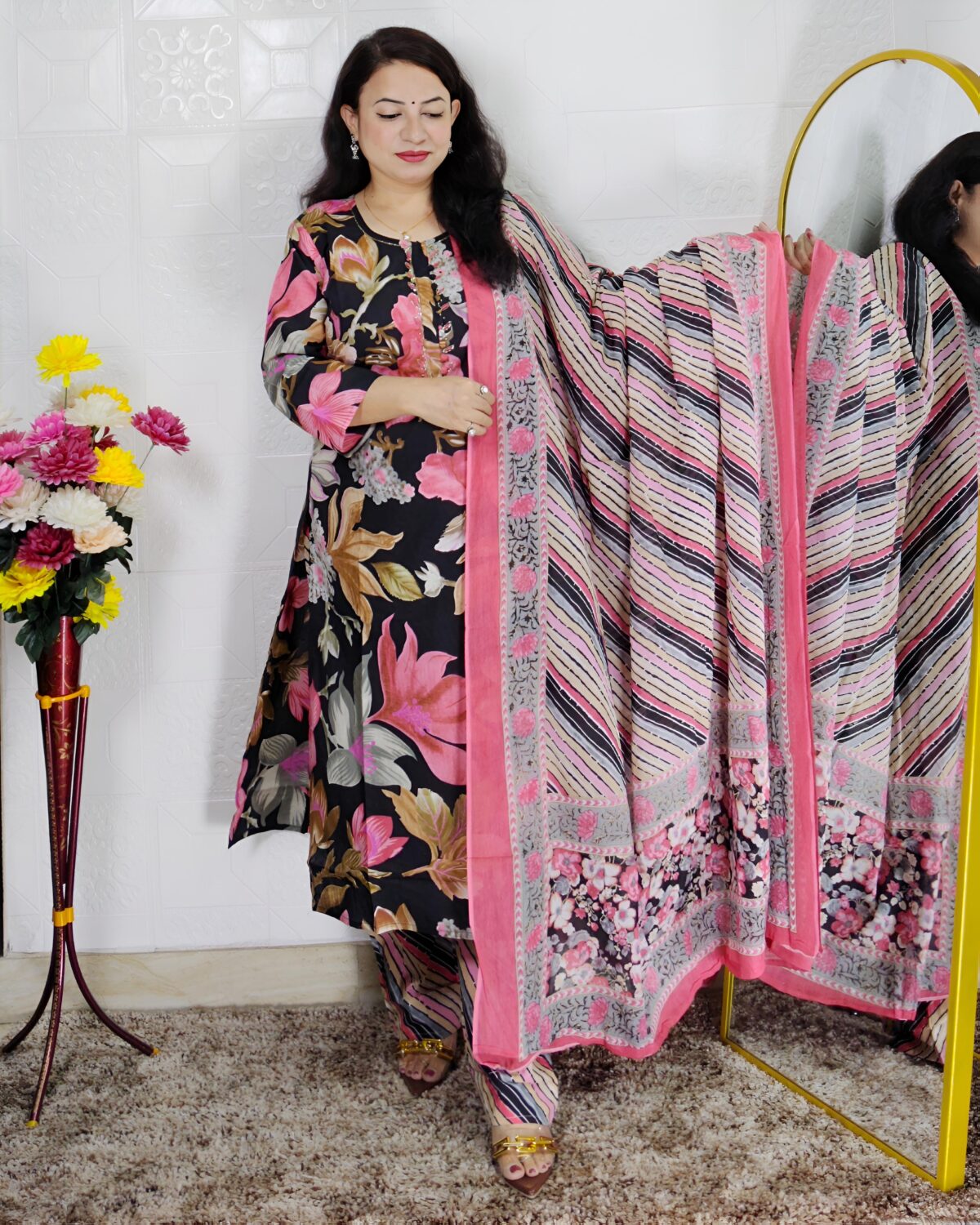 Black base floral printed pure cotton 3 piece suit set for women with matching dupatta