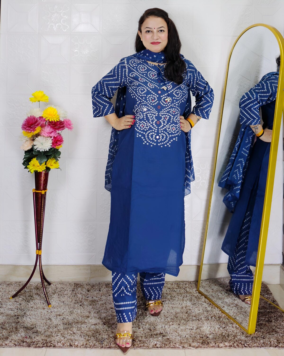 Blue bandhani printed pure cotton 3 piece suit set for women with matching dupatta and straight pant
