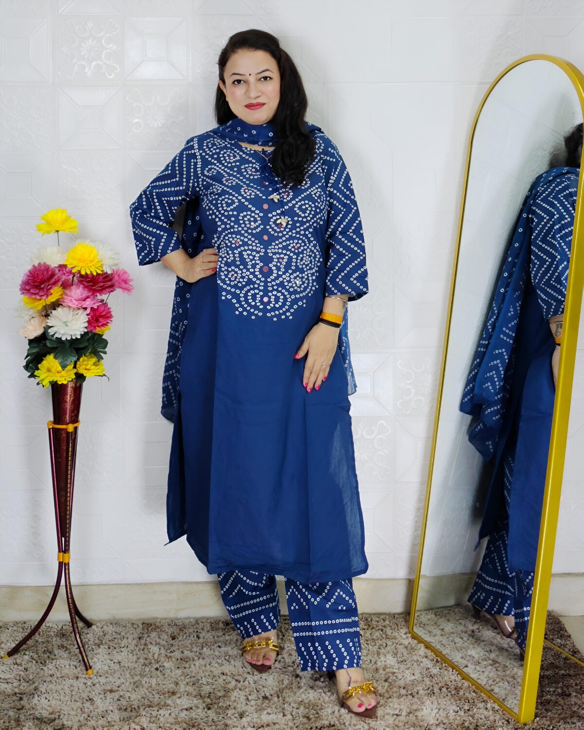 Blue bandhani printed pure cotton 3 piece suit set for women with matching dupatta and straight pant