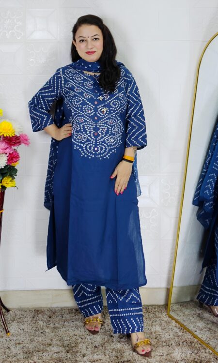 Blue bandhani printed pure cotton 3 piece suit set for women with matching dupatta and straight pant