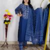 Blue bandhani printed pure cotton 3 piece suit set for women with matching dupatta and straight pant