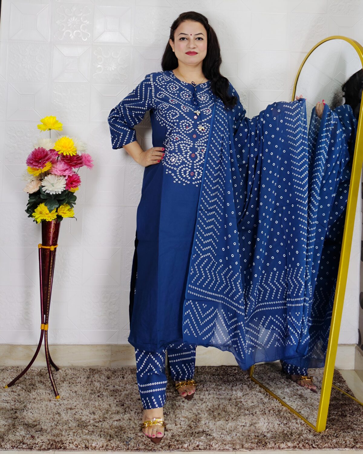 Blue bandhani printed pure cotton 3 piece suit set for women with matching dupatta and straight pant