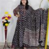 Blue base frock style printed cotton 3 piece suit set for women with matching dupatta