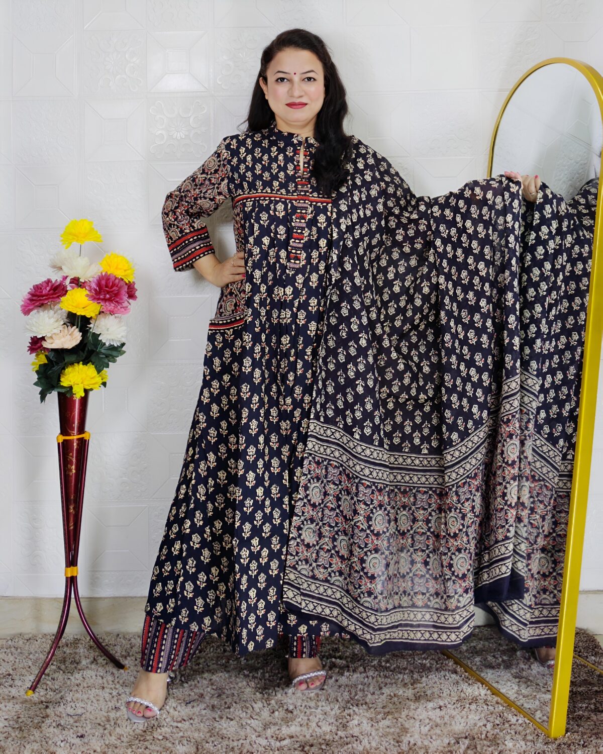Blue base frock style printed cotton 3 piece suit set for women with matching dupatta