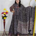 Blue base frock style printed cotton 3 piece suit set for women with matching dupatta