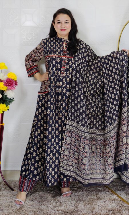 Blue base frock style printed cotton 3 piece suit set for women with matching dupatta