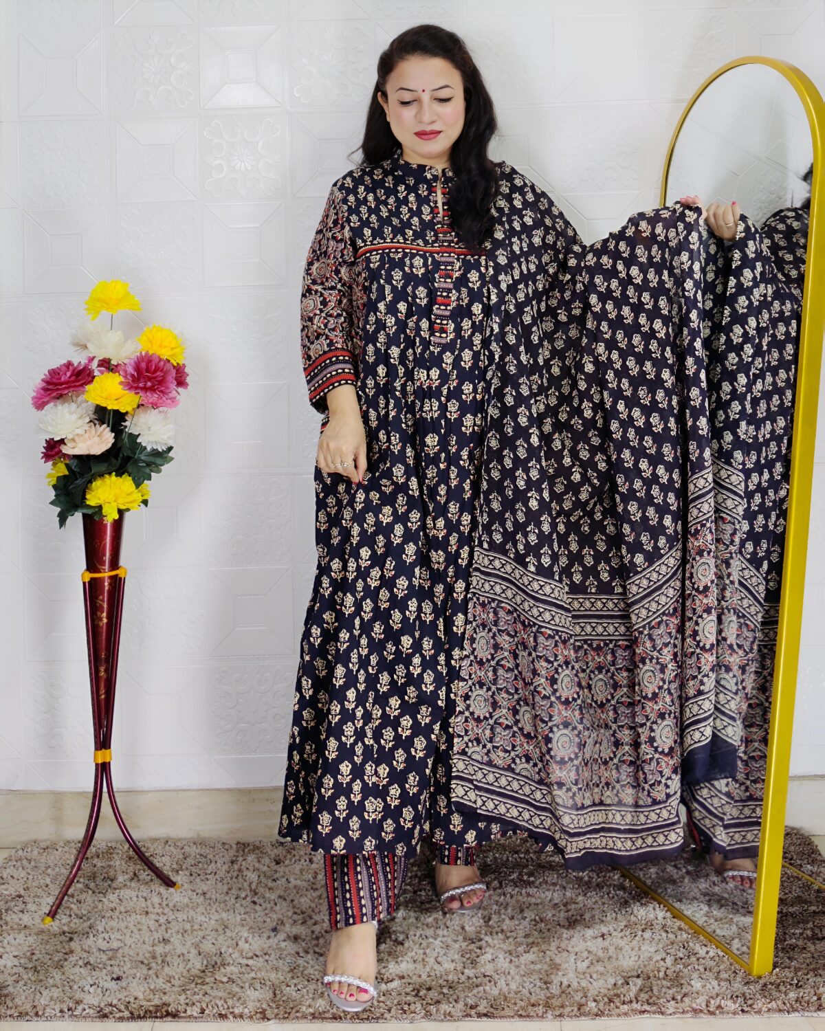 Blue base frock style printed cotton 3 piece suit set for women with matching dupatta