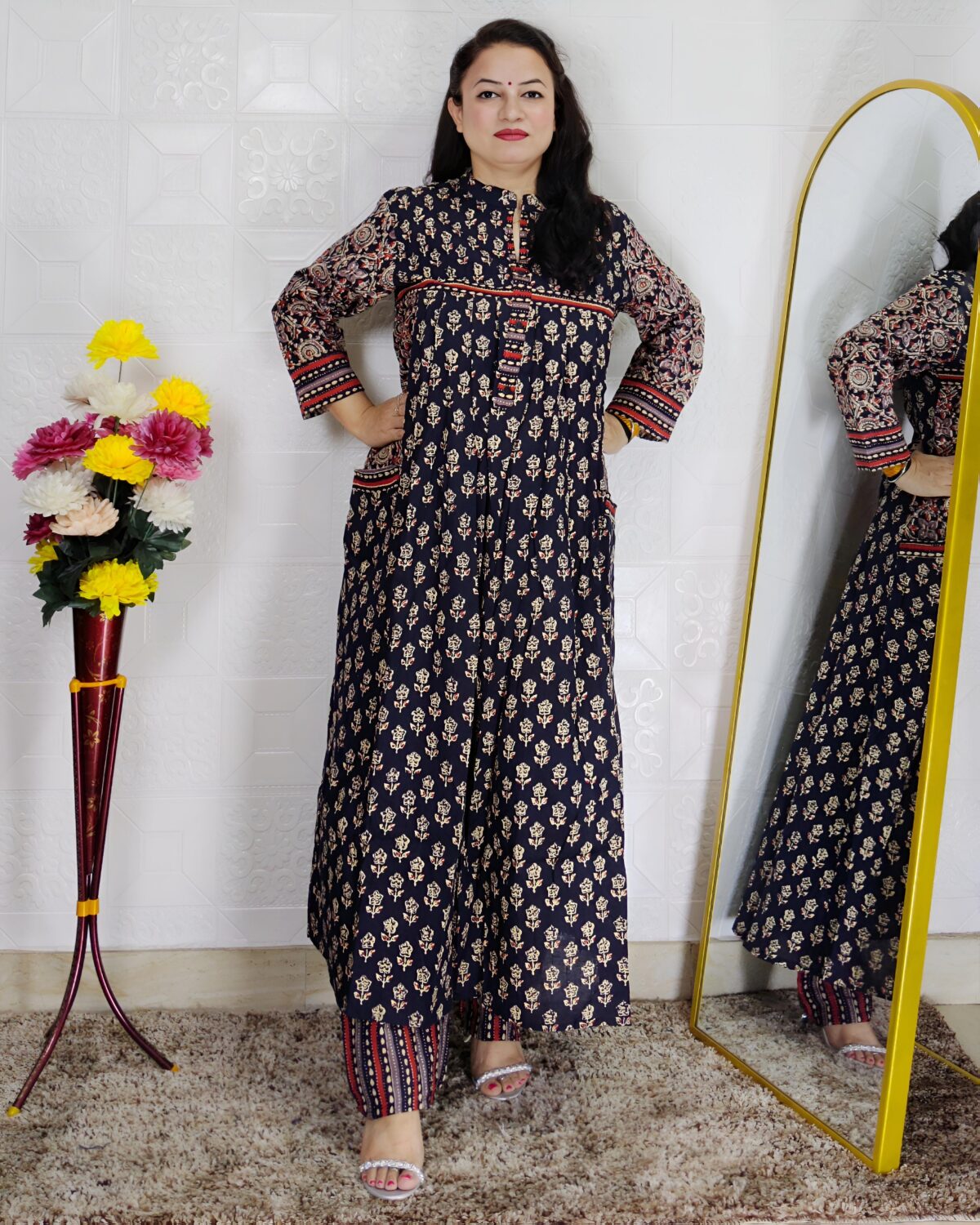 Blue base frock style printed cotton 3 piece suit set for women with matching dupatta