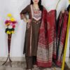 Brown dabu print cotton 3 piece suit set for women with traditional printed dupatta
