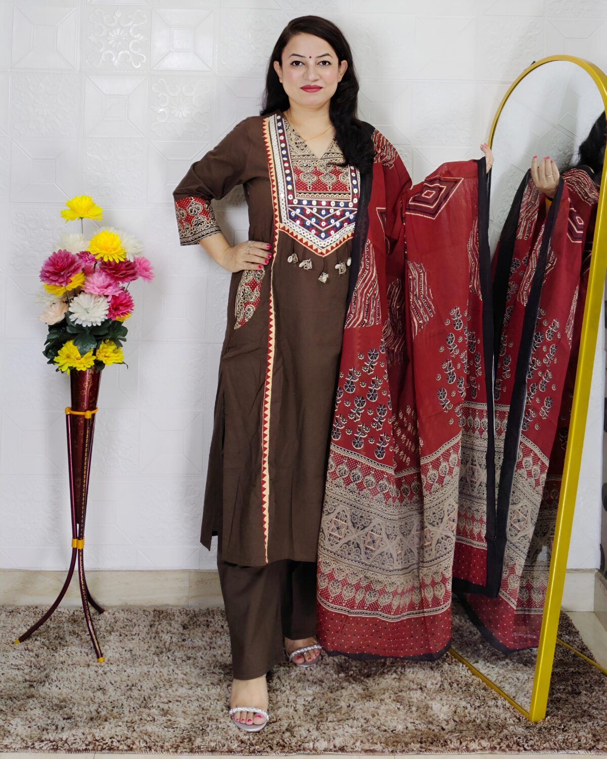 Brown dabu print cotton 3 piece suit set for women with traditional printed dupatta