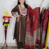 Brown dabu print cotton 3 piece suit set for women with traditional printed dupatta