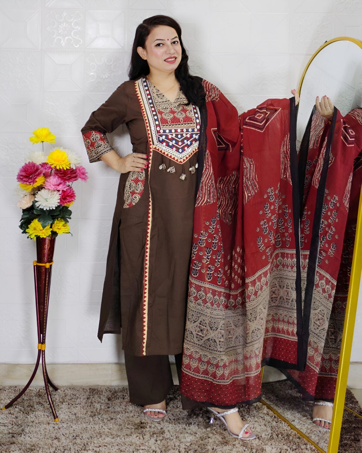 Brown dabu print cotton 3 piece suit set for women with traditional printed dupatta