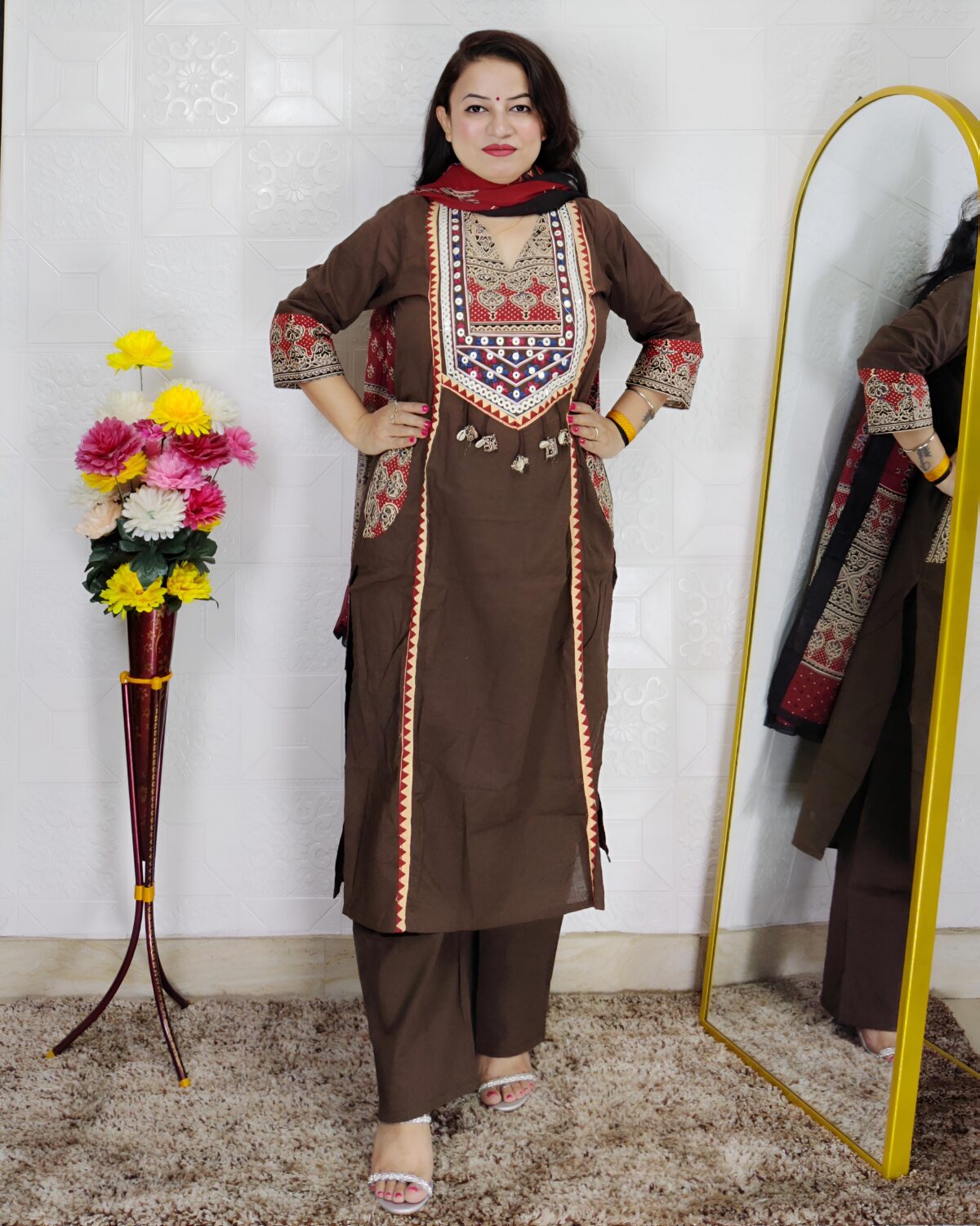 Brown dabu print cotton 3 piece suit set for women with traditional printed dupatta