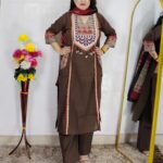 Brown dabu print cotton 3 piece suit set for women with traditional printed dupatta