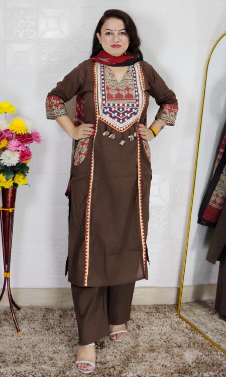 Brown dabu print cotton 3 piece suit set for women with traditional printed dupatta