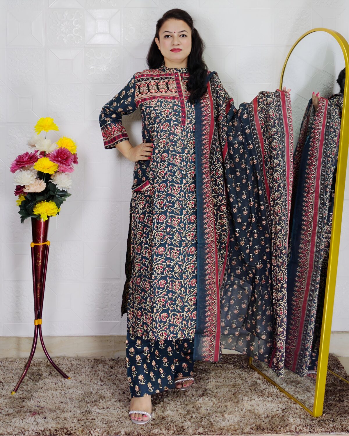 Green base pure cotton A-line printed 3 piece suit set for women with matching dupatta
