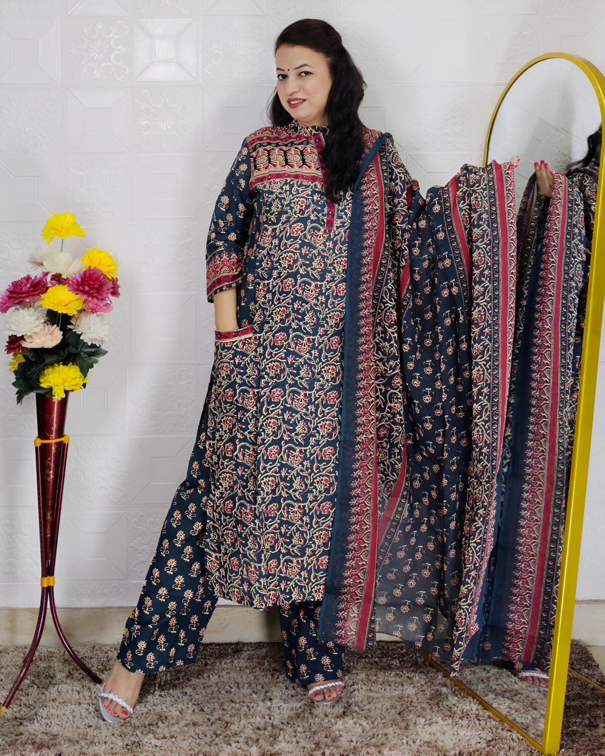 Green base pure cotton A-line printed 3 piece suit set for women with matching dupatta