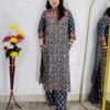 Green base pure cotton A-line printed 3 piece suit set for women with matching dupatta