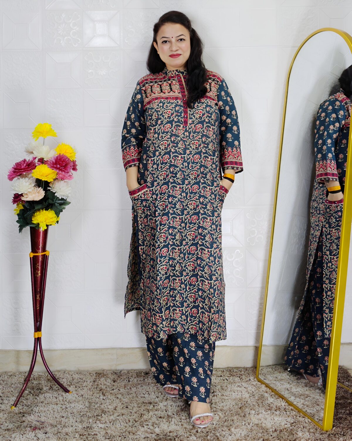 Green base pure cotton A-line printed 3 piece suit set for women with matching dupatta