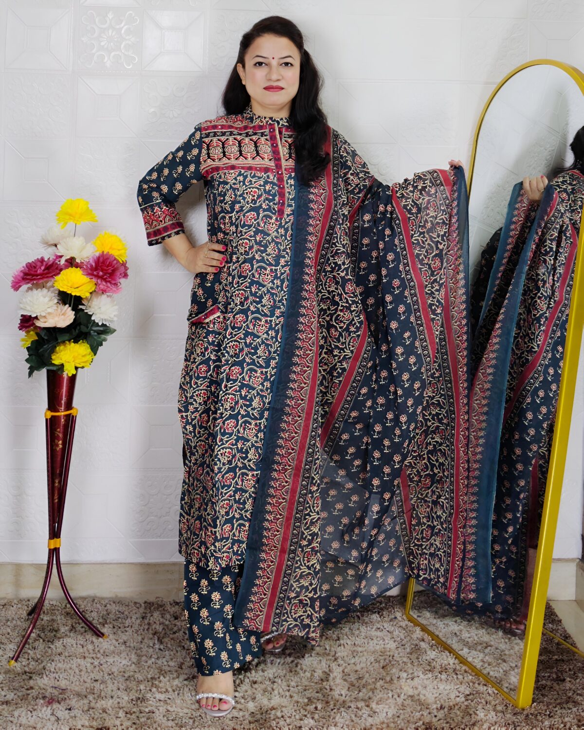 Green base pure cotton A-line printed 3 piece suit set for women with matching dupatta