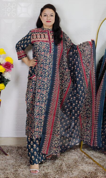 Green base pure cotton A-line printed 3 piece suit set for women with matching dupatta