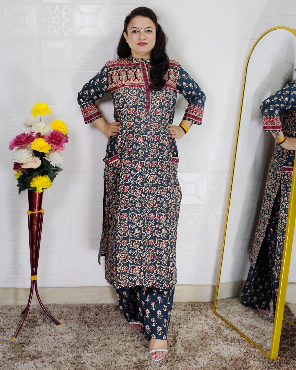 Green base pure cotton A-line printed 3 piece suit set for women with matching dupatta