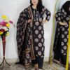 Woman wearing black printed pure cotton 3 piece suit set with matching dupatta and straight pants