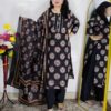 Woman wearing black printed pure cotton 3 piece suit set with matching dupatta and straight pants