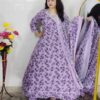 Woman wearing lavender floral printed Anarkali suit set with matching dupatta