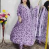 Woman wearing lavender floral printed Anarkali suit set with matching dupatta