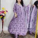 Lavender Floral Printed Pure Cotton Anarkali Suit Set for Women | Elegant Ethnic Wear with Dupatta