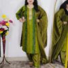 Woman wearing olive green tie-dye cotton suit set with matching pants and dupatta